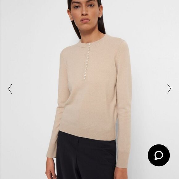 Theory Button Placket Henley Cashmere Sweater Pale Sand S - Picture 1 of 8